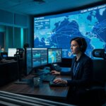 Operator im digitalen Kontrollraum analysiert Schifffahrtsrouten; Web-Recherche auslagern für Logistikdaten.