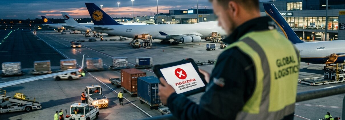 Logistics professional at an airport terminal looking at an error message caused by incomplete air freight documentation