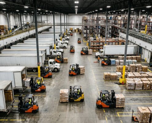 Logistics warehouse with forklifts and pallets preventing administrative bottlenecks in cross-docking at terminals.