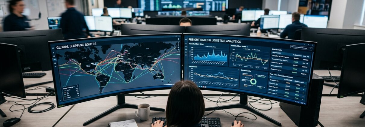 Moderne Logistik-Kontrollzentrale mit Daten auf Bildschirmen über die ideale Rate-Management-Struktur in der Spedition.