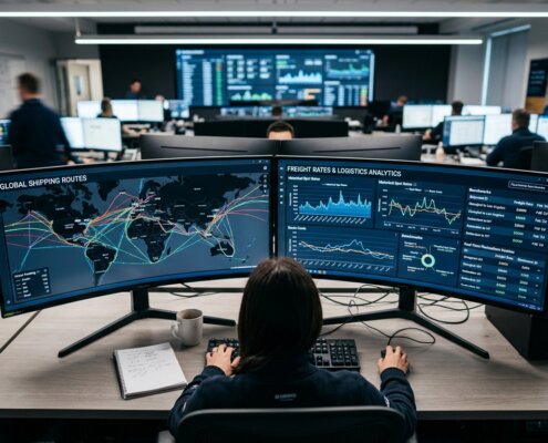 Moderne Logistik-Kontrollzentrale mit Daten auf Bildschirmen über die ideale Rate-Management-Struktur in der Spedition.