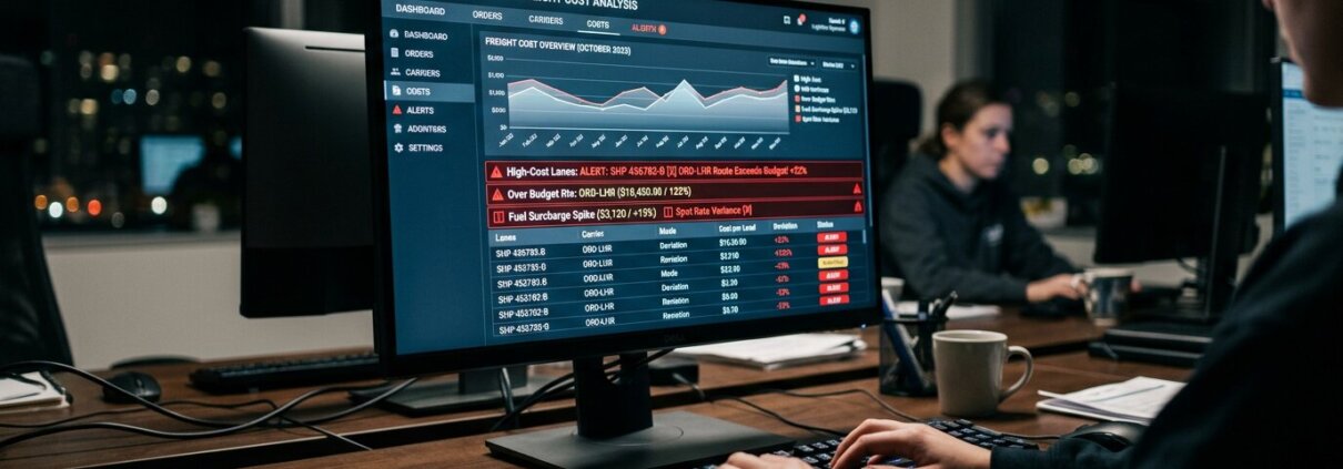 ERP-dashboard met berekeningen voor kostentoerekening vrachtkosten en rode foutmeldingen op een computerscherm.