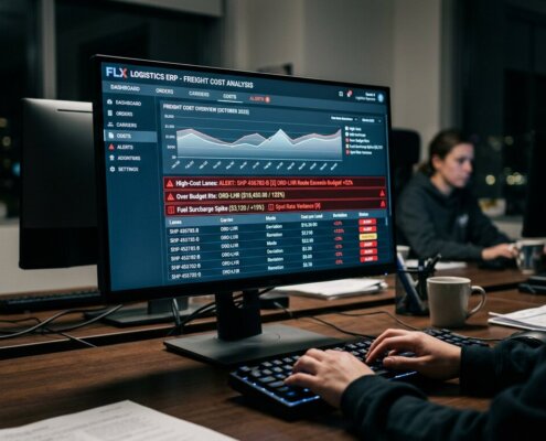 ERP-dashboard met berekeningen voor kostentoerekening vrachtkosten en rode foutmeldingen op een computerscherm.