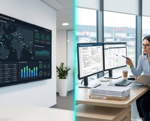 Dashboard met procesdata en professionals die documenten analyseren om ongealloceerde betalingen op te lossen.