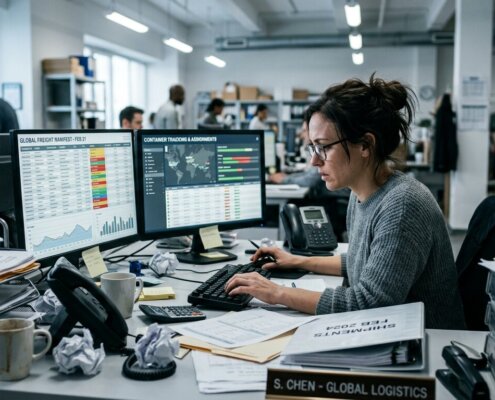 Gestresste logistiek coördinator bij bureau met productiviteitsverlies door data inconsistenties in expeditie systemen.