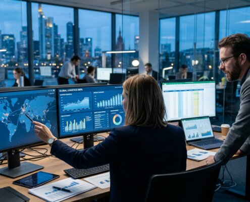 Financiële experts analyseren data voor accruals logistiek op verschillende schermen in een modern kantoor.