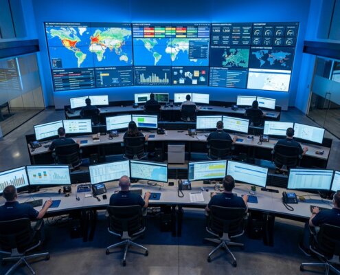 Operators in een logistiek controlecentrum monitor dashboards om productdata logistiek te optimaliseren.
