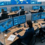 Analisten in een controlekamer die ongestructureerde klantinformatie migreren naar dashboards op dubbele schermen.