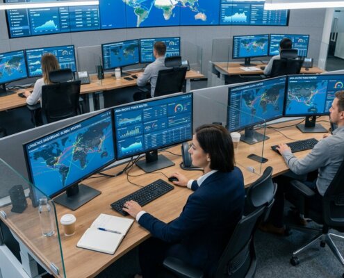 Analisten in een controlekamer die ongestructureerde klantinformatie migreren naar dashboards op dubbele schermen.