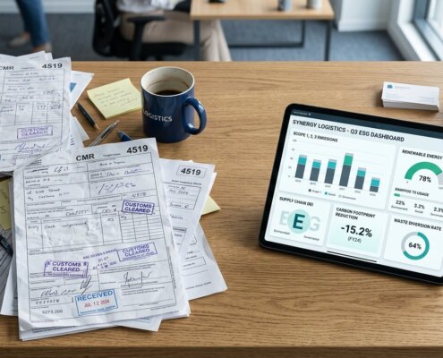 Logistiek bureau met ongestructureerde vrachtdocumenten overgaand in digitale data voor CSRD rapportage logistiek data.