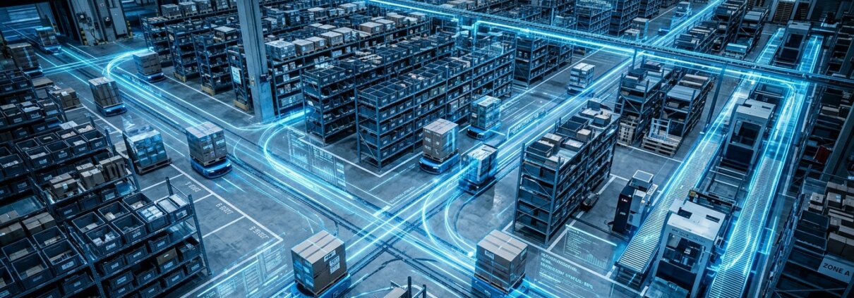 Logistiek magazijn met digitale datastromen die AI bias door incomplete trainingsdata in bedrijfsprocessen illustreren.