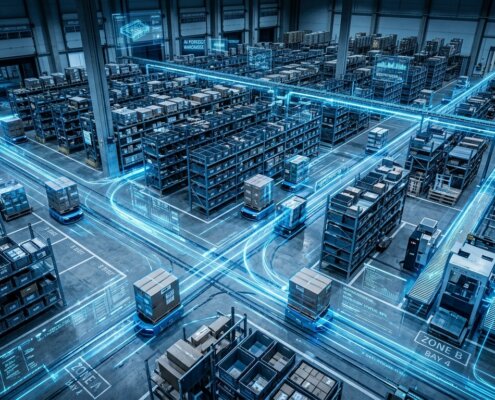 Logistiek magazijn met digitale datastromen die AI bias door incomplete trainingsdata in bedrijfsprocessen illustreren.