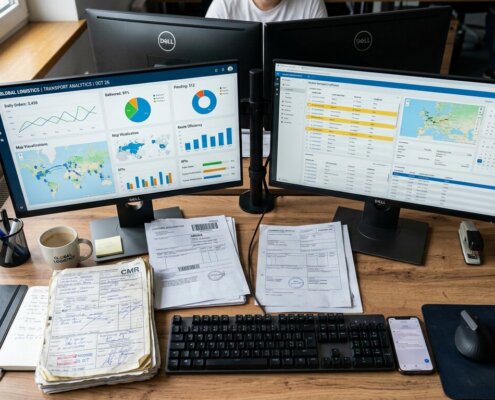 Moderne logistieke werkplek met papieren CMR-documenten en digitale schermen om transportopdrachten te verwerken.