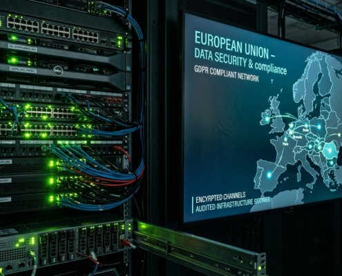Serverrack met groene lichten naast een digitale EU-kaart; voorkom retourzendingen door foutieve productdata.