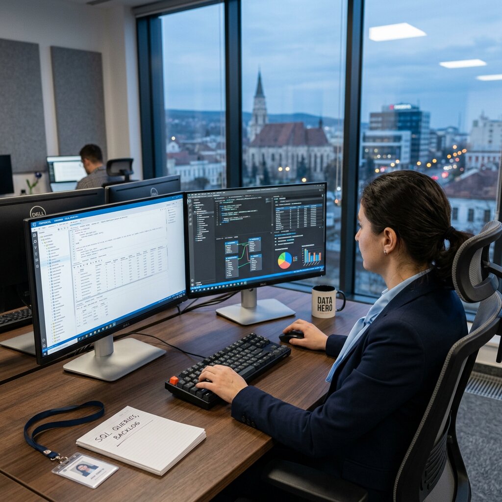 Data professional typt op schermen met databases, illustratie van de cascaderende effecten van ERP fouten op kantoor.
