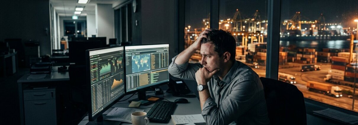 Gestreste financial werkt laat aan bureau bij nacht; hoge werkdruk financiële administratie in logistieke omgeving.