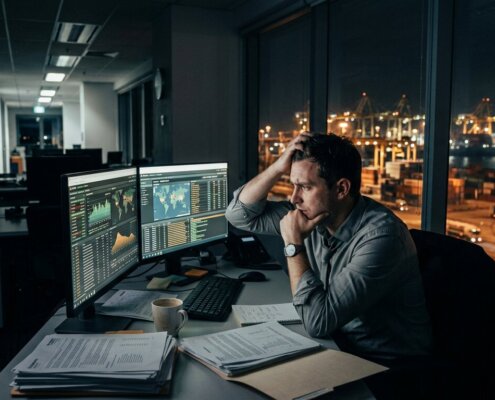 Gestreste financial werkt laat aan bureau bij nacht; hoge werkdruk financiële administratie in logistieke omgeving.
