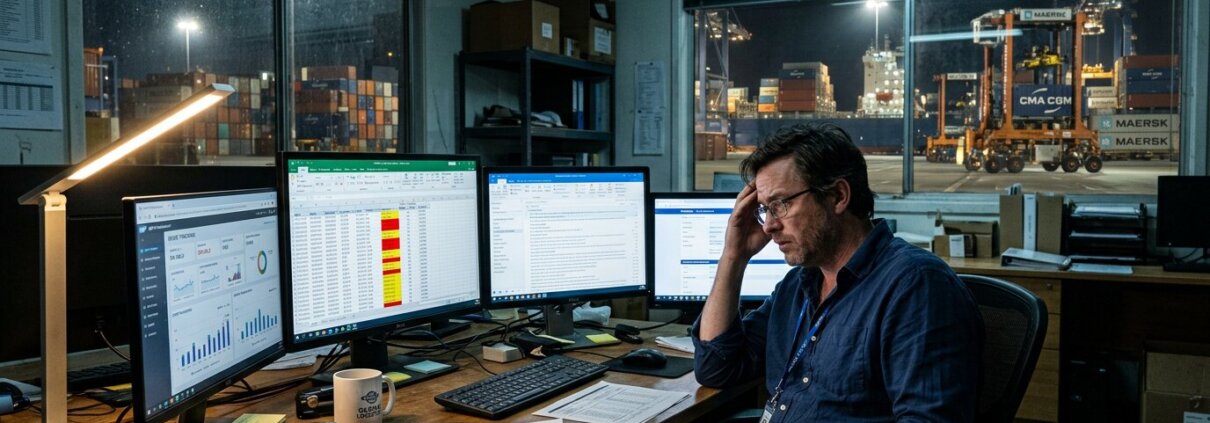 Gestreste manager bij diverse schermen; hoe digitalisering supply chain falen beïnvloedt door verouderde processen.