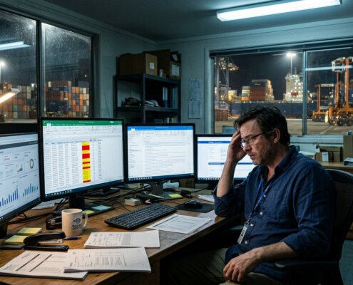 Gestreste manager bij diverse schermen; hoe digitalisering supply chain falen beïnvloedt door verouderde processen.