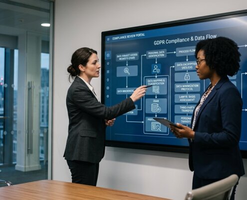 Professionals bekijken compliance flowcharts op scherm ter preventie van shadow IT bij data extractie.