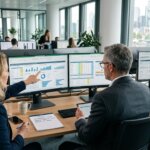 Finance team reviewing digital documents on dual monitors to accelerate the month-end close in a modern European office.