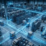 Logistics warehouse with digital data streams illustrating AI bias caused by incomplete training data in business processes.