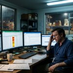 Stressed operations manager surrounded by mismatched screens — illustrating how supply chain digitalization fails due to legacy processes.