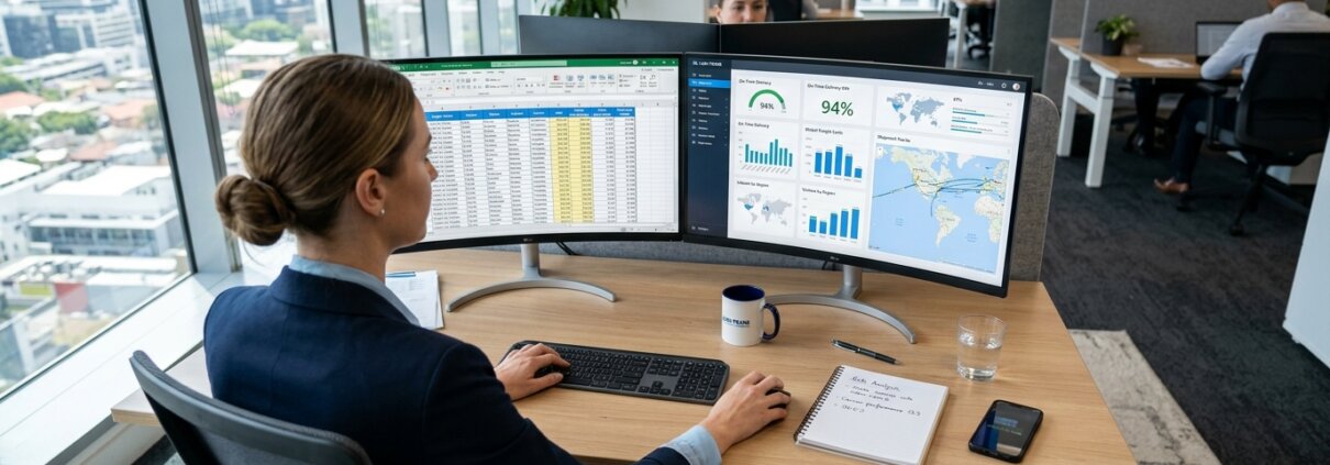 Manager analyseert vrachtdata voor een snelle time-to-quote expeditie op twee monitoren in een modern kantoor.