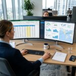 Manager analyseert vrachtdata voor een snelle time-to-quote expeditie op twee monitoren in een modern kantoor.