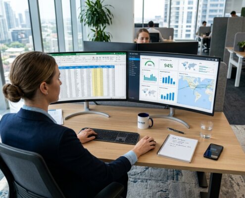 Manager analyseert vrachtdata voor een snelle time-to-quote expeditie op twee monitoren in een modern kantoor.