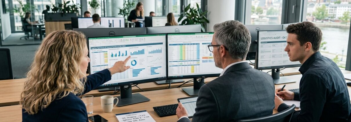Finance team bekijkt digitale documenten op monitors om de maandafsluiting versnellen in een modern kantoor.