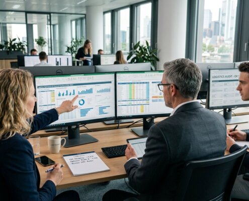 Finance team bekijkt digitale documenten op monitors om de maandafsluiting versnellen in een modern kantoor.
