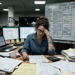 Gestresste logistiek medewerker bij stapels CMR-documenten door administratieve vertraging onderaannemers op kantoor.