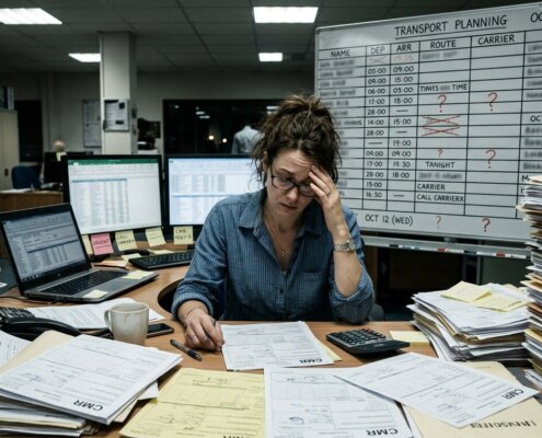 Gestresste logistiek medewerker bij stapels CMR-documenten door administratieve vertraging onderaannemers op kantoor.