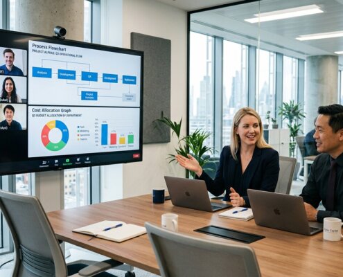 Finance professionals bespreken procesgrafieken en kostenallocatie tijdens de maandafsluiting logistiek op kantoor.