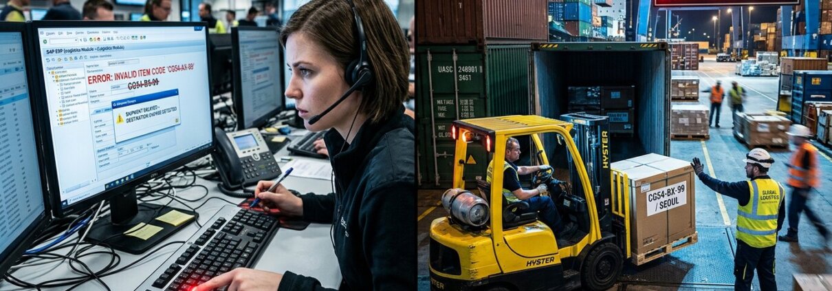 A typo in the ERP system leads to the cascading effects of ERP errors in logistics planning and cargo processing.