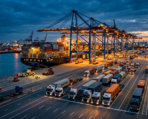 Containerterminal bij schemering met kranen en trucks die risico's op ongevalideerde containerdata multimodaal transport tone