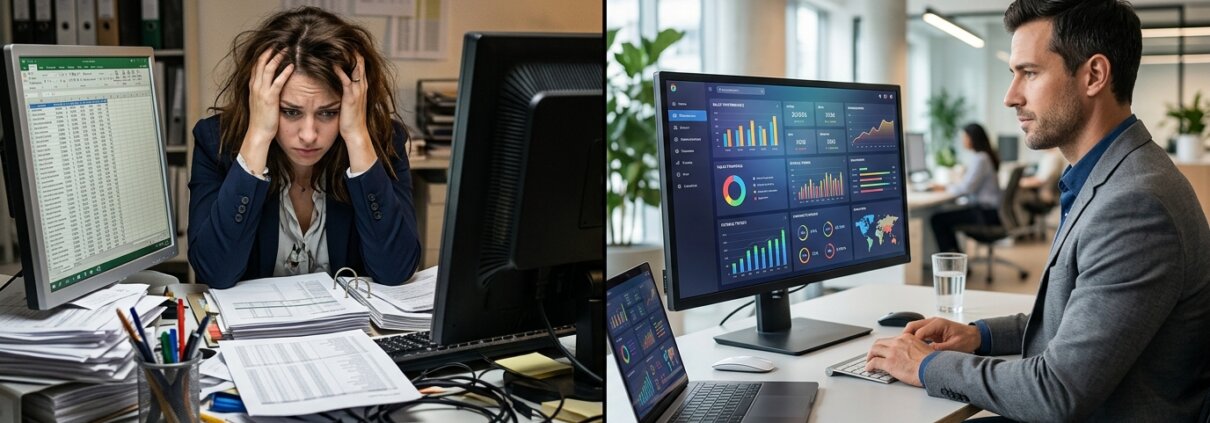 Kontrast zwischen chaotischer Verwaltung und einem modernen Dashboard: CRM-Datenbereinigung auslagern oder inhouse durchführen.