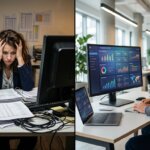 Kontrast zwischen chaotischer Verwaltung und einem modernen Dashboard: CRM-Datenbereinigung auslagern oder inhouse durchführen.