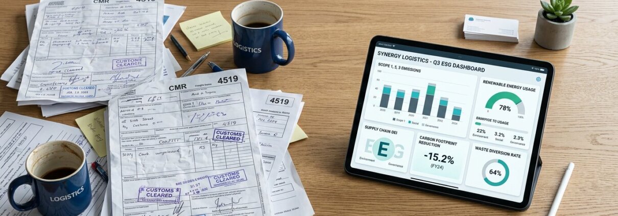 Logistik-Schreibtisch mit unstrukturierten Frachtdokumenten, die in digitale Daten für CSRD Reporting Logistik-Daten übergehen.