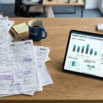 Logistik-Schreibtisch mit unstrukturierten Frachtdokumenten, die in digitale Daten für CSRD Reporting Logistik-Daten übergehen.