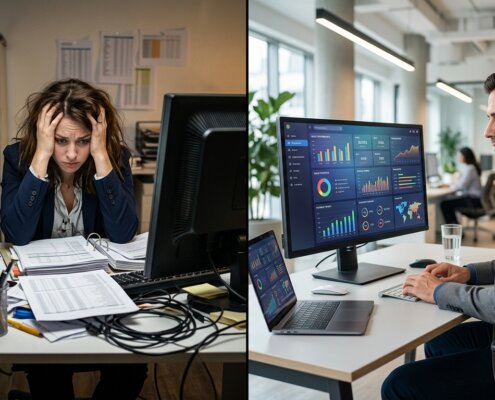 Contrast tussen rommelige administratie en een modern dashboard voor CRM data opschonen uitbesteden of in-house.