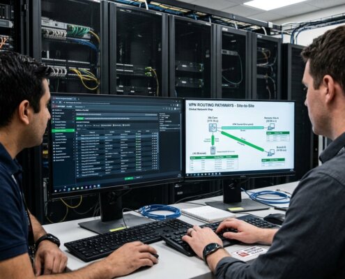 IT-professionals configureren ISO 27001 backoffice outsourcing via beveiligde firewalls en VPN-verbindingen.