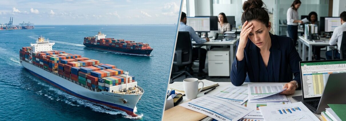Containerschepen op zee naast een logistiek medewerker met complexe spreadsheets en administratieve lasten nieuwe rederijen.