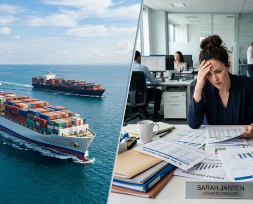 Containerschepen op zee naast een logistiek medewerker met complexe spreadsheets en administratieve lasten nieuwe rederijen.