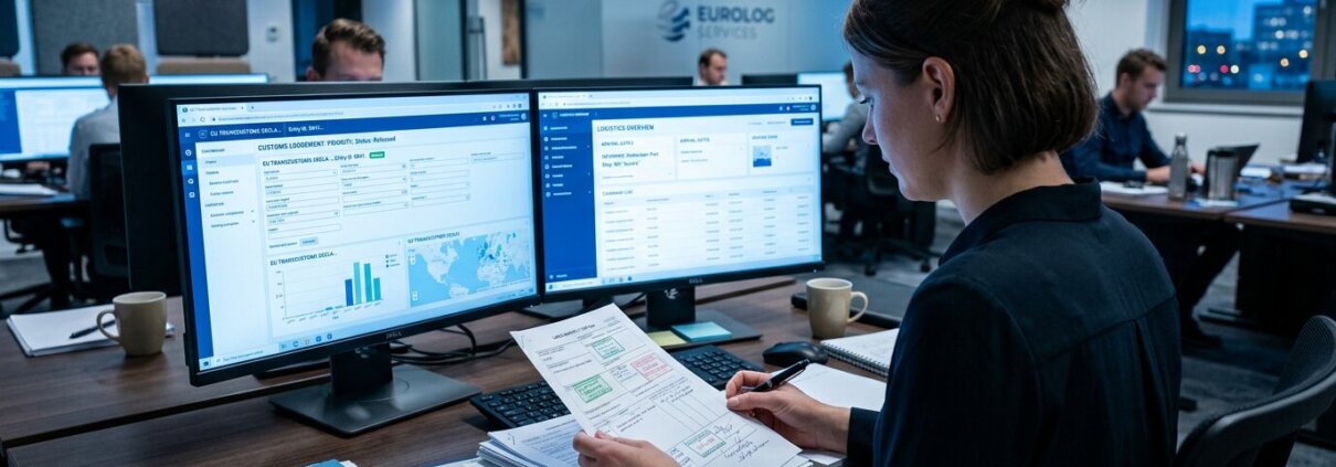 Logistics manager digitizing trade documents by cross-referencing physical customs papers with digital files.