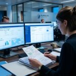 Logistics manager digitizing trade documents by cross-referencing physical customs papers with digital files.