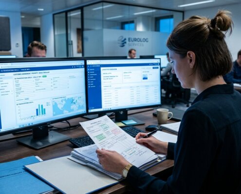 Logistics manager digitizing trade documents by cross-referencing physical customs papers with digital files.