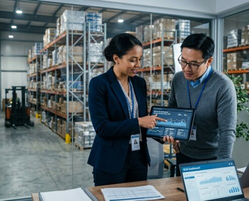 Supply chain managers analyseren retourlogistiek administratie knelpunten op een tablet in een modern warehouse.