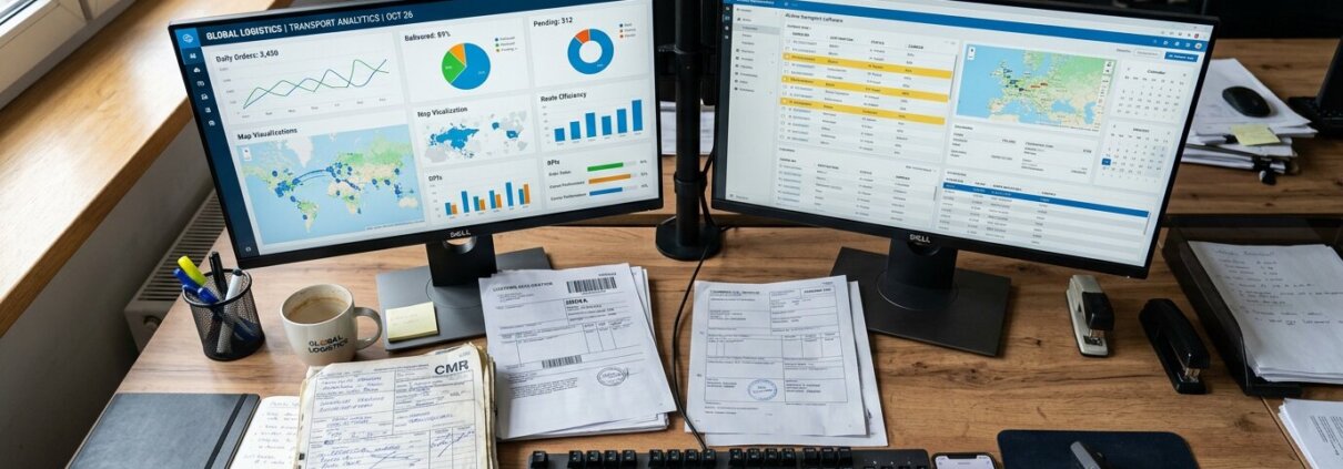 Modern logistics desk with paper CMR documents and digital screens for processing transport orders.